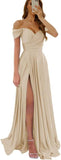Womens Off Shoulder Prom Evening Dresses Satin Long Formal Wedding Guest Gowns Dress with Slit
