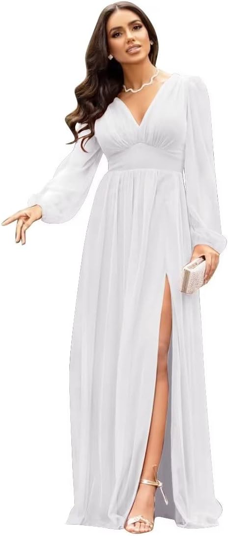 Langärmlige Brautjungfernkleider für Hochzeiten, V-Ausschnitt, formelles Kleid mit Schlitz, Chiffon-Ballkleid