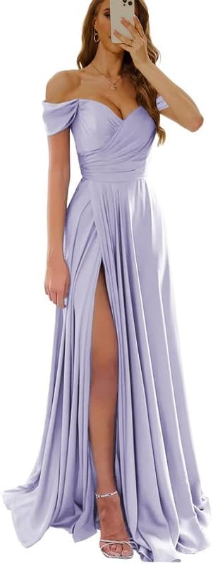 Womens Off Shoulder Prom Evening Dresses Satin Long Formal Wedding Guest Gowns Dress with Slit