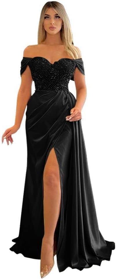 Off Shoulder Beaded Satin Bridesmaid Dresses for Women 2027 Mermaid Prom Dress with Slit