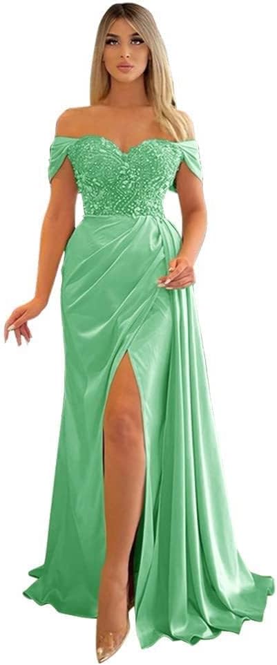 Off Shoulder Beaded Satin Bridesmaid Dresses for Women 2027 Mermaid Prom Dress with Slit