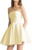 Women's Strapless Satin Short Prom Dresses with Pocket A Line Glitter Homecoming Dress Short Evening Party Ball Gown