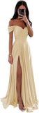 Women's Off Shoulder Satin Bridesmaid Dresses Long Ruched Mermaid Formal Dresses with Slit