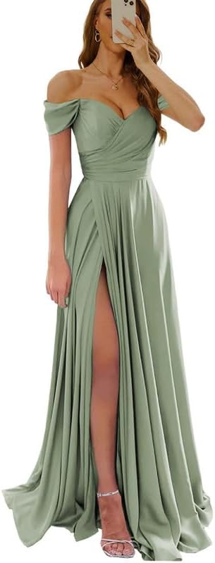 Womens Off Shoulder Prom Evening Dresses Satin Long Formal Wedding Guest Gowns Dress with Slit