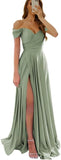 Womens Off Shoulder Prom Evening Dresses Satin Long Formal Wedding Guest Gowns Dress with Slit