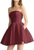 Women's Strapless Satin Short Prom Dresses with Pocket A Line Glitter Homecoming Dress Short Evening Party Ball Gown