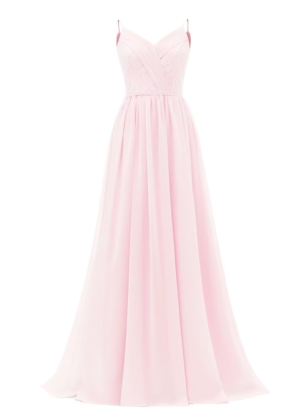 Women's Lace Chiffon Bridesmaid Dresses for Wedding Long Spaghetti Straps Bodice Formal Party Gown with Pockets