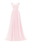 Women's Lace Chiffon Bridesmaid Dresses for Wedding Long Spaghetti Straps Bodice Formal Party Gown with Pockets