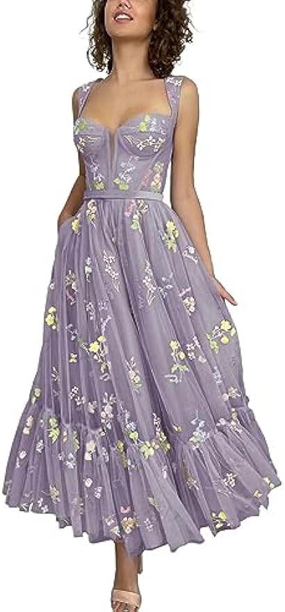 Vestidos de tul con bordado floral para mujer 2024, vestidos formales de fiesta de noche 