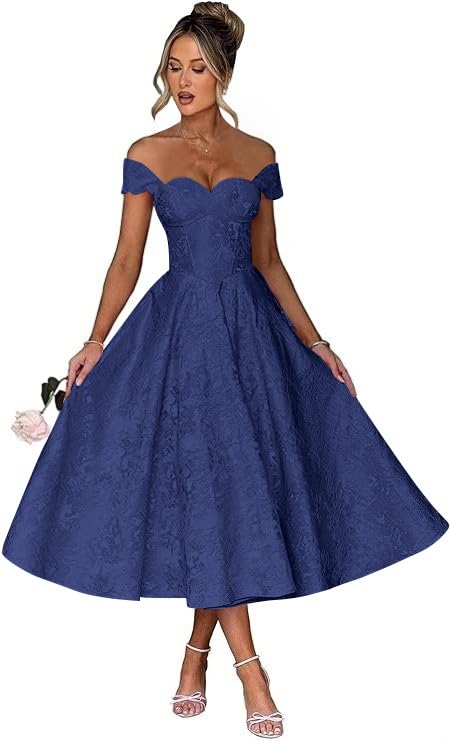 Off Shoulder Tea Length Prom Dress for Women Satin Floral Jacquard A Line Corset Cocktail Dress Long Evening Gowns