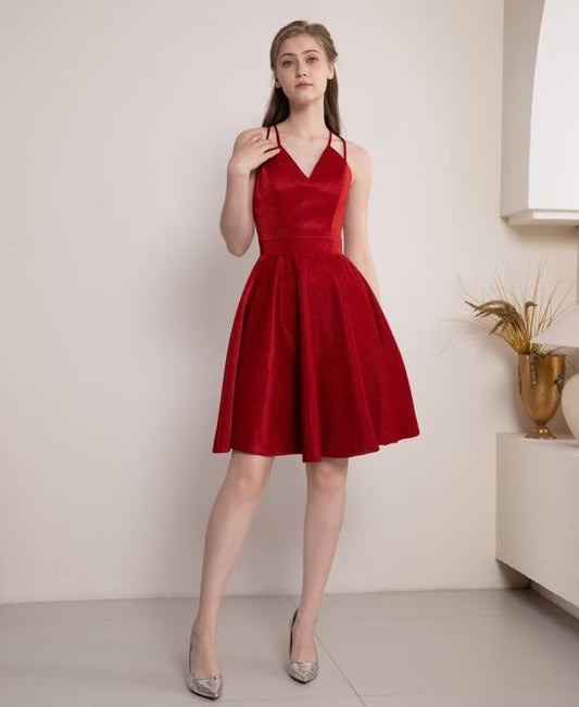 Spaghetti Straps Satin Homecoming Dresses for Teens V Neck Short Prom Dress Sparkly A-Line Formal Evening Party Gowns