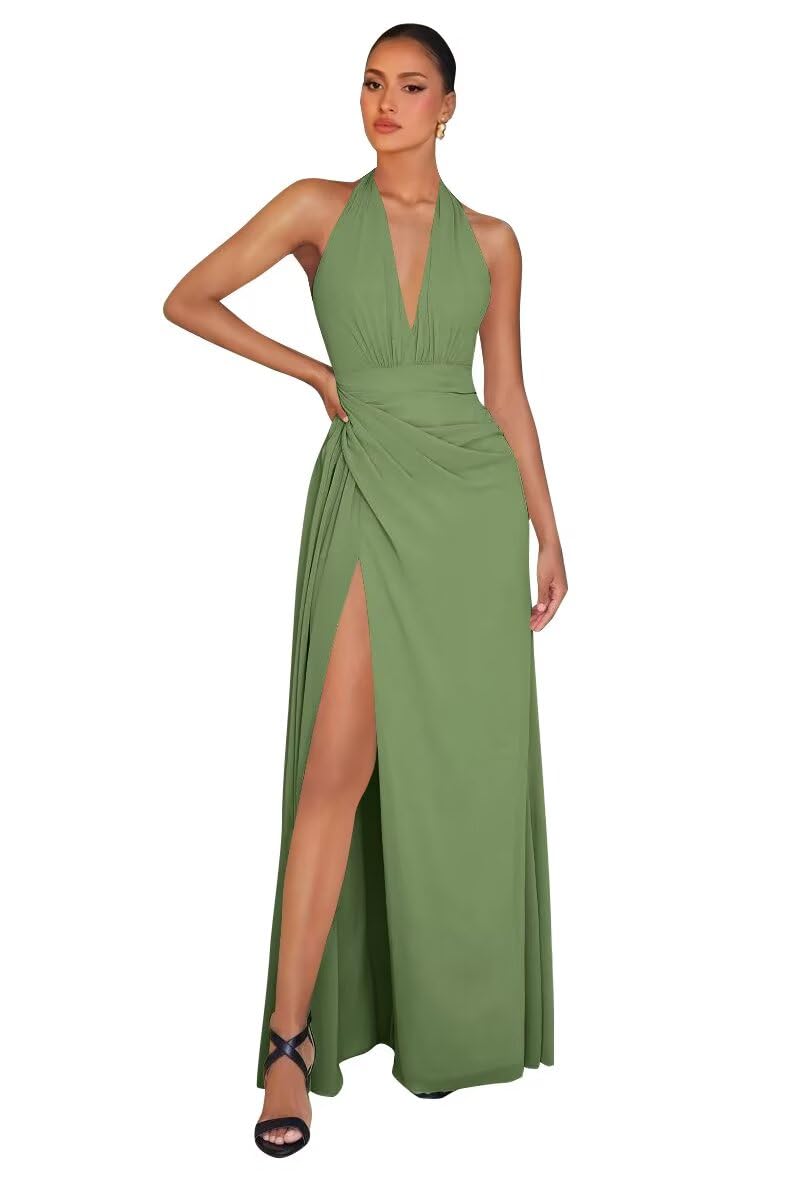 Chiffon Bridesmaid Dresses for Women Long Halter A-line Formal Dress with Slit 2026 Pleated Evening Party Gowns