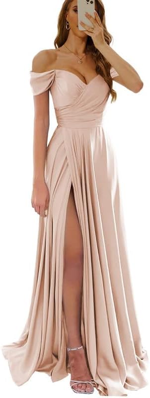 Womens Off Shoulder Prom Evening Dresses Satin Long Formal Wedding Guest Gowns Dress with Slit