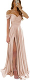 Womens Off Shoulder Prom Evening Dresses Satin Long Formal Wedding Guest Gowns Dress with Slit
