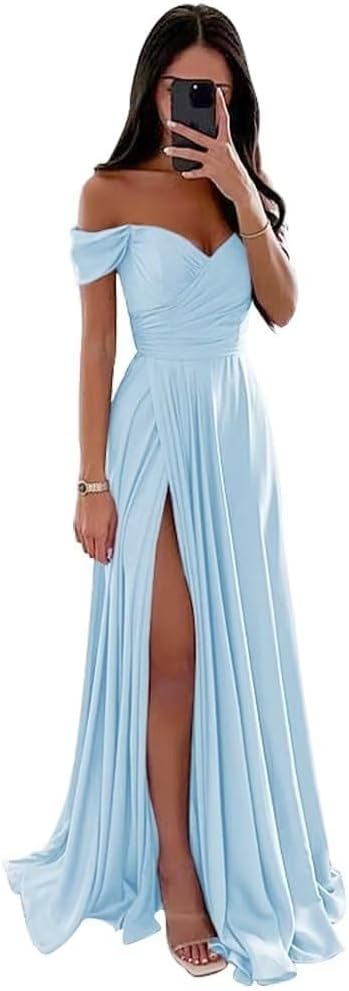 Women's Off Shoulder Satin Bridesmaid Dresses Long Ruched Mermaid Formal Dresses with Slit