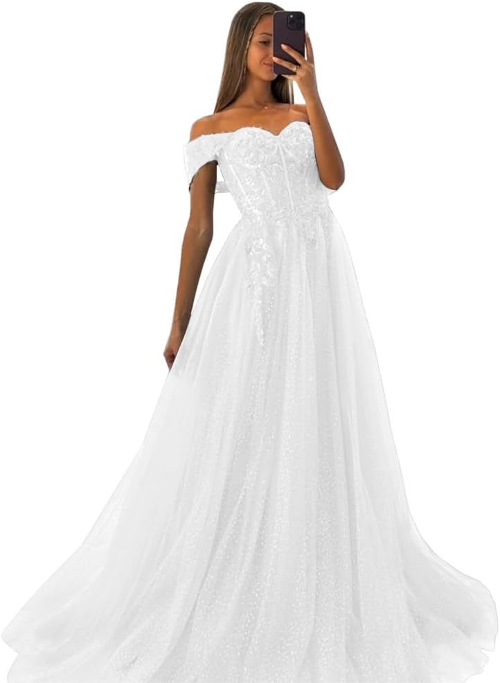 Off The Shoulder Tulle Prom Dresses 2027 Lace Applique A Line Long Sparkly Formal Evening Party Gowns