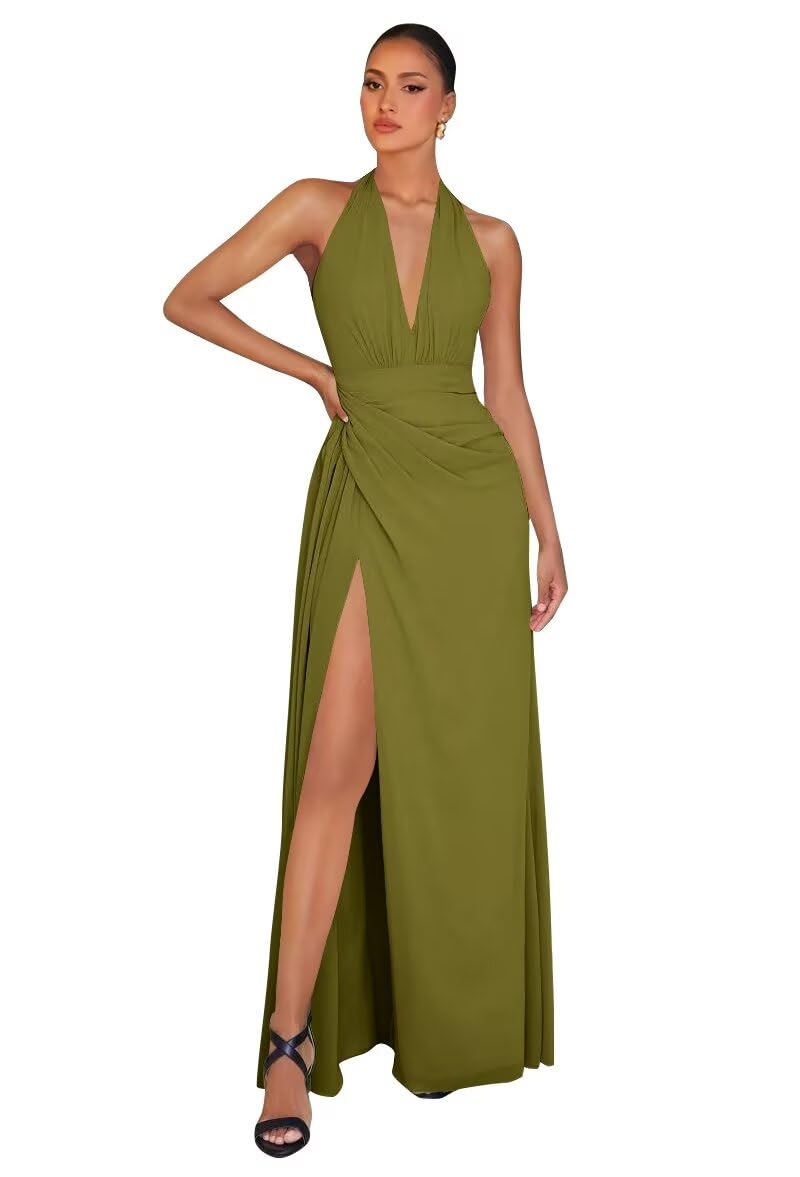 Chiffon Bridesmaid Dresses for Women Long Halter A-line Formal Dress with Slit 2026 Pleated Evening Party Gowns