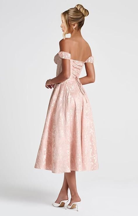 Off Shoulder Tea Length Prom Dress for Women Satin Floral Jacquard A Line Corset Cocktail Dress
