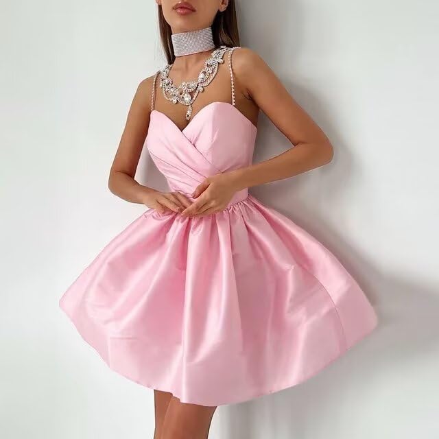 Satin Homecoming Dresses for Teens Spaghetti Straps Short Prom Dress A-Line Cocktail Wedding Guest Dress