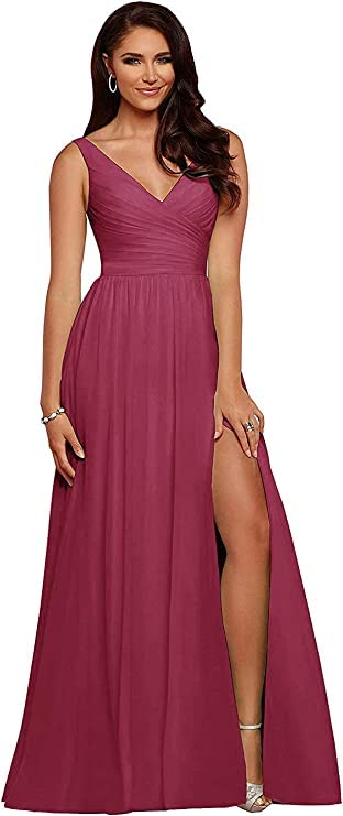 V Neck Chiffon Bridesmaid Dresses for Wedding 2027 Long Pleated Sleeveless Formal Prom Evening Gowns with Slit