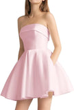 Women's Strapless Satin Short Prom Dresses with Pocket A Line Glitter Homecoming Dress Short Evening Party Ball Gown