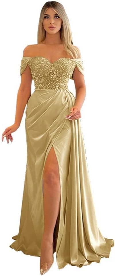 Off Shoulder Beaded Satin Bridesmaid Dresses for Women 2027 Mermaid Prom Dress with Slit