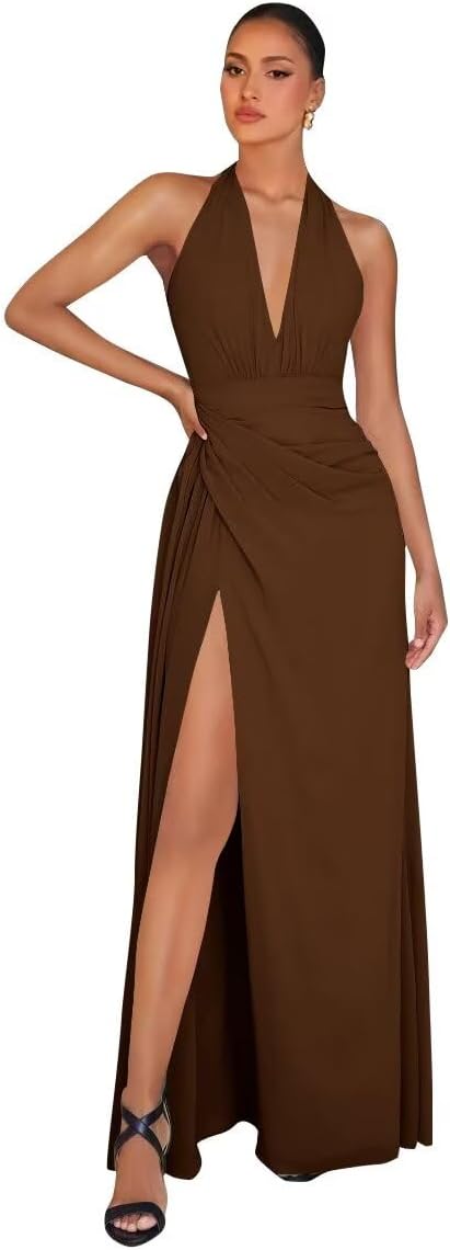 Chiffon Bridesmaid Dresses for Women Long Halter A-line Formal Dress with Slit 2026 Pleated Evening Party Gowns