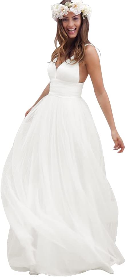 Simple V Neck Wedding Dress for Bride Spaghetti Straps Ruched Tulle Beach Bridal Gowns