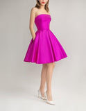 Women's Strapless Satin Short Prom Dresses with Pocket A Line Glitter Homecoming Dress Short Evening Party Ball Gown