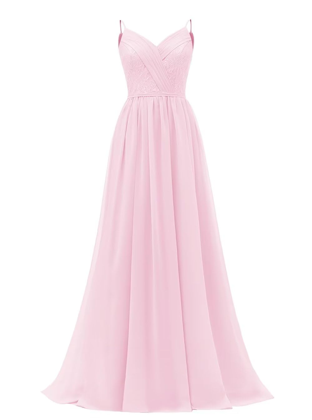 Women's Lace Chiffon Bridesmaid Dresses for Wedding Long Spaghetti Straps Bodice Formal Party Gown with Pockets