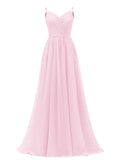Women's Lace Chiffon Bridesmaid Dresses for Wedding Long Spaghetti Straps Bodice Formal Party Gown with Pockets
