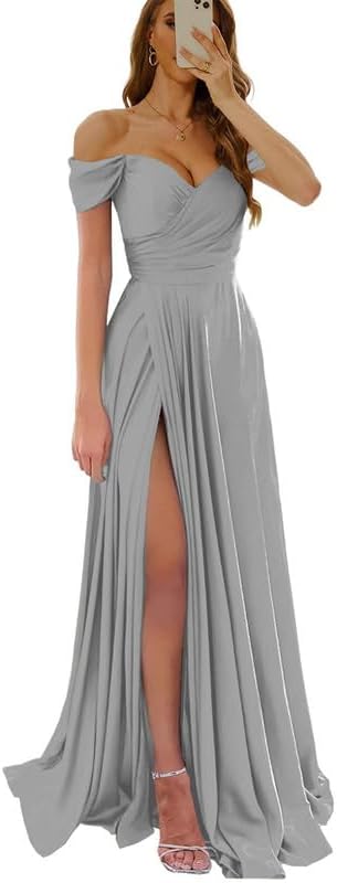 Womens Off Shoulder Prom Evening Dresses Satin Long Formal Wedding Guest Gowns Dress with Slit