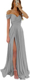 Womens Off Shoulder Prom Evening Dresses Satin Long Formal Wedding Guest Gowns Dress with Slit