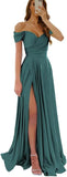 Womens Off Shoulder Prom Evening Dresses Satin Long Formal Wedding Guest Gowns Dress with Slit
