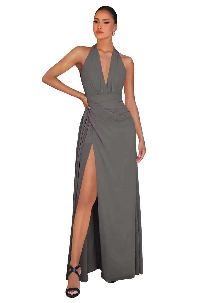 Chiffon Bridesmaid Dresses for Women Long Halter A-line Formal Dress with Slit 2026 Pleated Evening Party Gowns