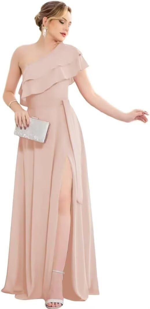 One Shoulder Chiffon Bridesmaid Dresses for Women Long Pleated A-line Formal Evening Wedding Party Dress with Slit