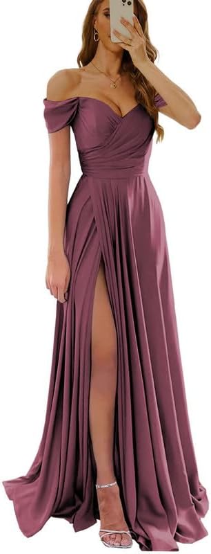 Womens Off Shoulder Prom Evening Dresses Satin Long Formal Wedding Guest Gowns Dress with Slit