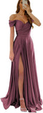 Womens Off Shoulder Prom Evening Dresses Satin Long Formal Wedding Guest Gowns Dress with Slit