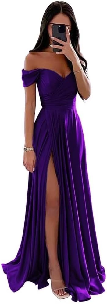 Women's Off Shoulder Satin Bridesmaid Dresses Long Ruched Mermaid Formal Dresses with Slit