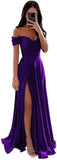 Women's Off Shoulder Satin Bridesmaid Dresses Long Ruched Mermaid Formal Dresses with Slit