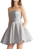 Women's Strapless Satin Short Prom Dresses with Pocket A Line Glitter Homecoming Dress Short Evening Party Ball Gown