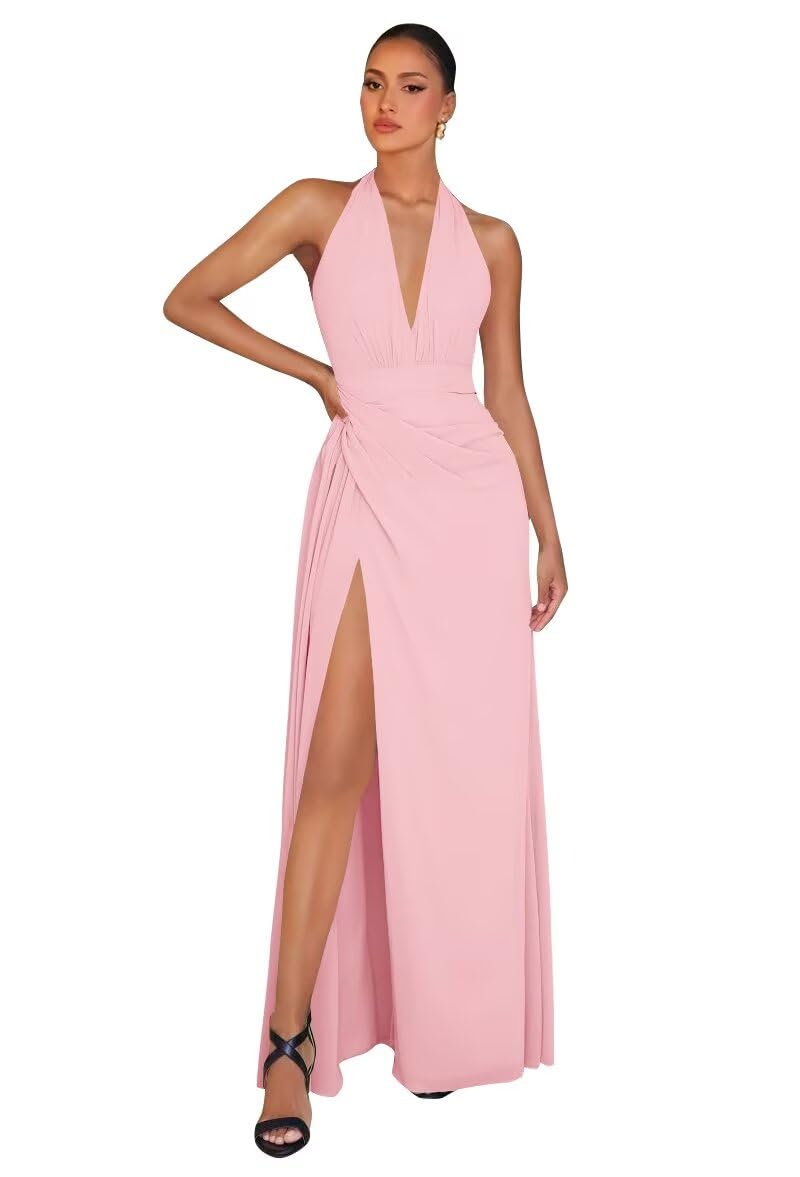 Chiffon Bridesmaid Dresses for Women Long Halter A-line Formal Dress with Slit 2026 Pleated Evening Party Gowns