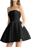 Women's Strapless Satin Short Prom Dresses with Pocket A Line Glitter Homecoming Dress Short Evening Party Ball Gown