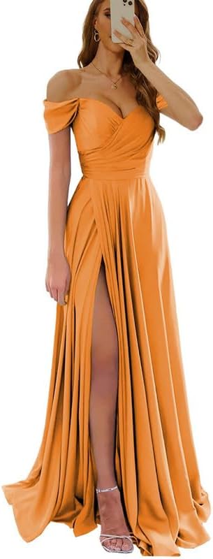 Womens Off Shoulder Prom Evening Dresses Satin Long Formal Wedding Guest Gowns Dress with Slit