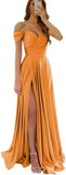 Womens Off Shoulder Prom Evening Dresses Satin Long Formal Wedding Guest Gowns Dress with Slit