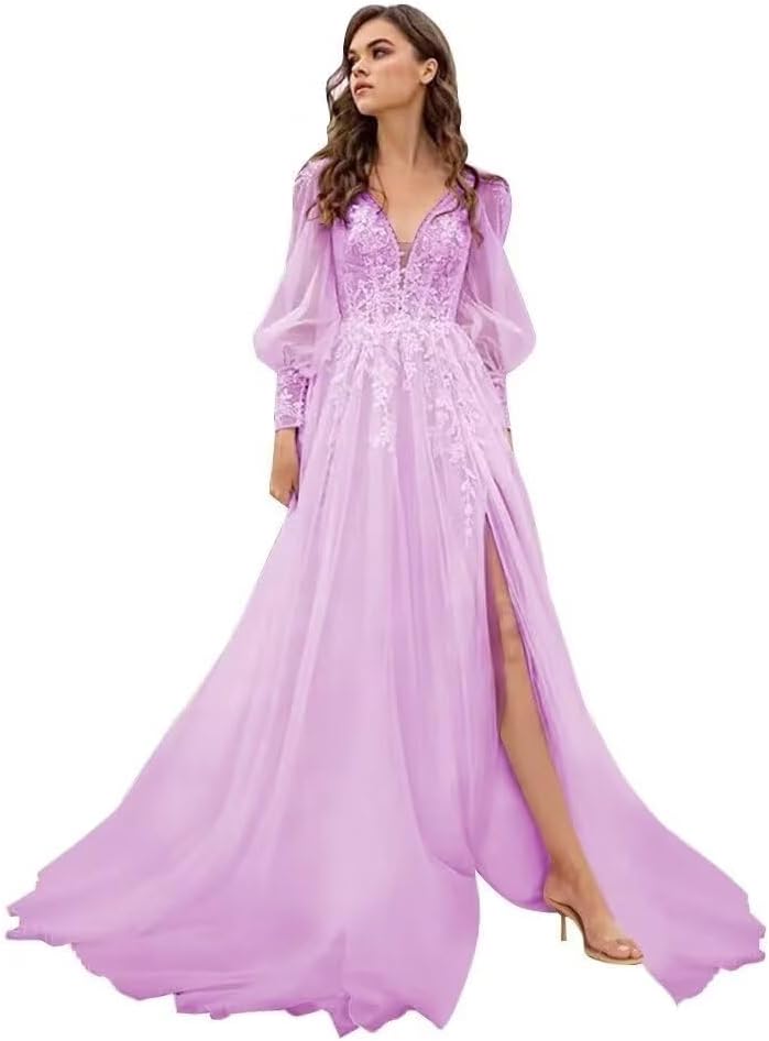 Long Sleeve Tulle Prom Evening Dresses Long Lace Applique A Line Ball Gown 2027