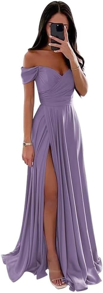 Women's Off Shoulder Satin Bridesmaid Dresses Long Ruched Mermaid Formal Dresses with Slit