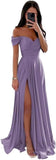 Women's Off Shoulder Satin Bridesmaid Dresses Long Ruched Mermaid Formal Dresses with Slit