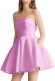 Women's Strapless Satin Short Prom Dresses with Pocket A Line Glitter Homecoming Dress Short Evening Party Ball Gown