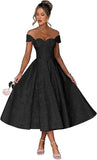 Off Shoulder Tea Length Prom Dress for Women Satin Floral Jacquard A Line Corset Cocktail Dress